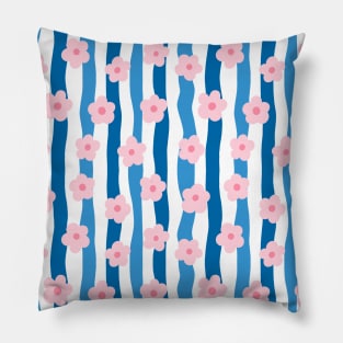 Pink and Blue Groovy Flowers Stripy Pattern Pillow
