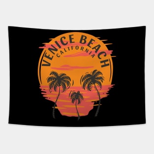 Venice Beach California Skull Sunset and Palm Trees Tapestry