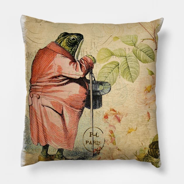 A Frog He Would A-Wooing Go - Vintage French Postcard Pillow by The Blue Box