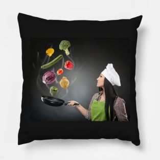 Skillful cook lady throwing veggies Pillow