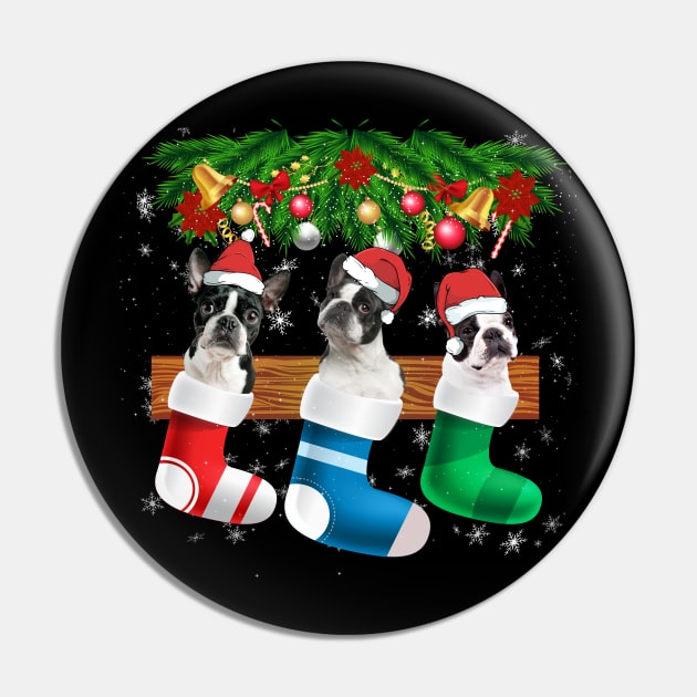 Three Boston Terrier In Sock Christmas Santa Hat X mas Dog Pin by franzaled