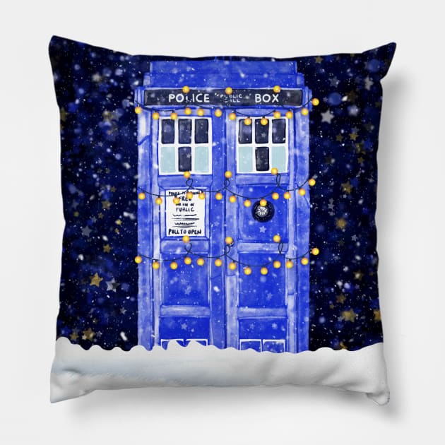 Blue Police Box With Christmas Lights Snow and Stars Pillow by OrionLodubyal