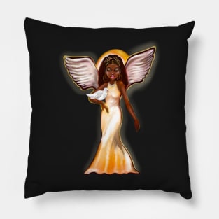 Angel with dove ii- Black angel of peace ! With glow, Afro hair, brown eyes, Cherry pink lips and dark brown skin. Hair love ! Pillow