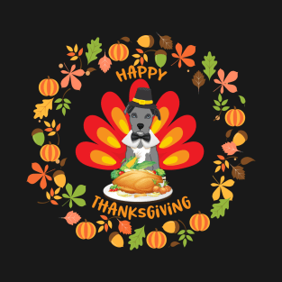 Happy Thanksgiving Blue Nose Pitbull Pup Turkey Fall Leaves T-Shirt