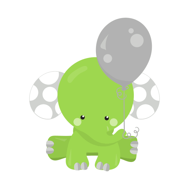 Elephant With Balloon, Green Elephant, Cute Animal by Jelena Dunčević