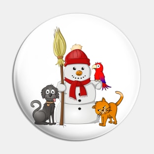 snowman with cat, dog and parrot Pin