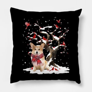 Corgi Scarf Cardinal Snow Christmas Pillow