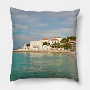 Traditional houses in the town of Spetses island, Greece Pillow