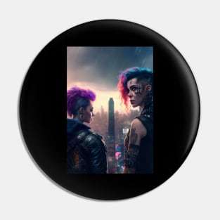 Futuristic Women Lovers in Cyberpunk City Pin