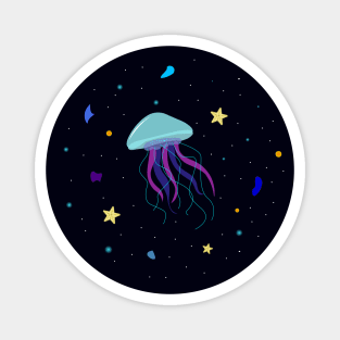 Light blue Jelly Fish in dark ocean artwork, deep ocean creatures , star fish , sparky ocean jelly fish , sea rocks Magnet