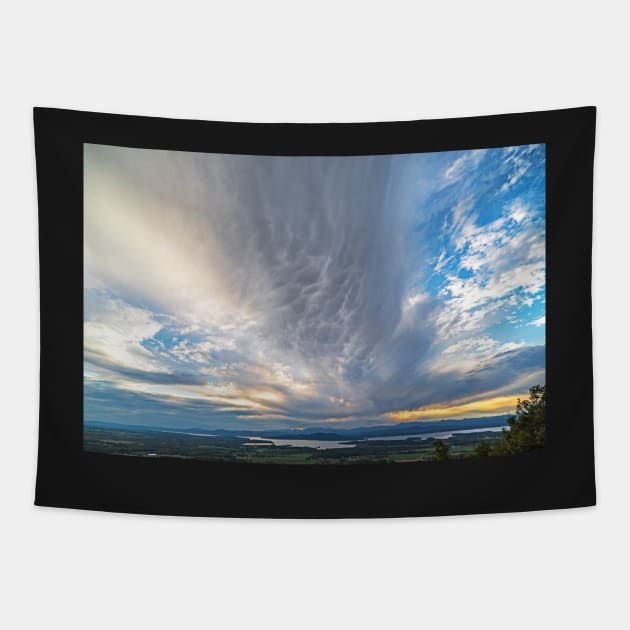 Overlooking the Adirondacks from Mount Philo Vermont Crazy Dramatic Clouds Tapestry by WayneOxfordPh