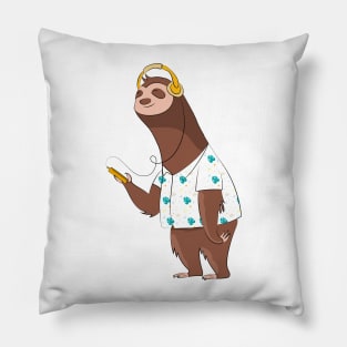 Kawaii Cute Sloth Listening To Music Pillow