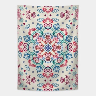 Pastel Blue, Pink & Red Watercolor Floral Pattern on Cream Tapestry