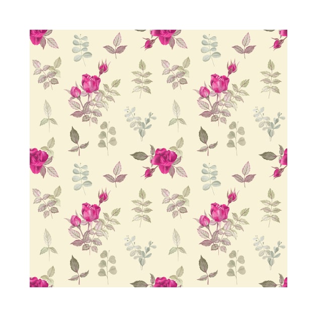 Purple Rosebuds and Leaves on Light Yellow Background (pattern) by Flowersforbear