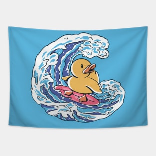 Funny Surfing Rubber Ducky Great Wave Japanese Illustration Tapestry