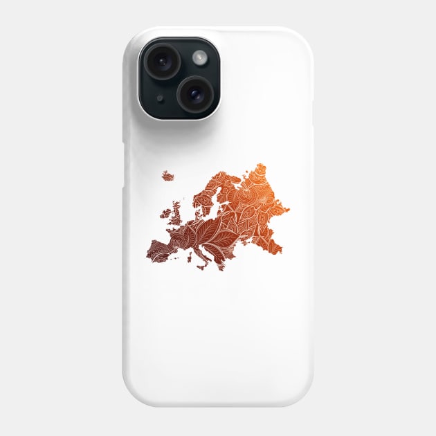 Colorful mandala art map of Europe with text in brown and orange Phone Case by Happy Citizen