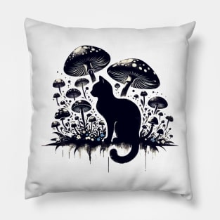 Funny Vintage Black Cat in Mushroom Garden Pillow