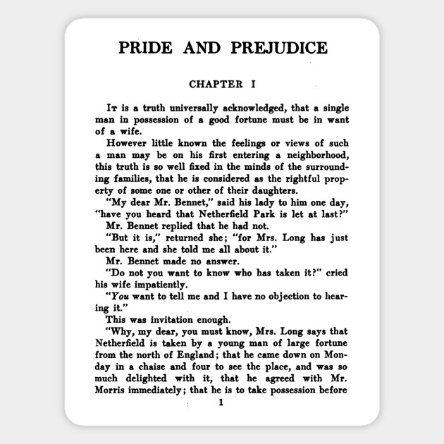 Pride And Prejudice Jane Austen First Page Pride And Prejudice Magnet Teepublic