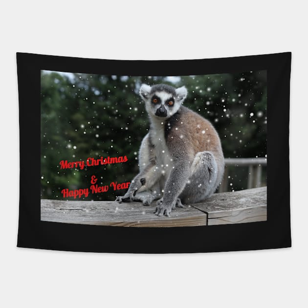 Ring-tailed lemur - Merry Christmas & Happy New Year Tapestry by AnimaliaArt