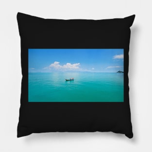 Aerial panoramic view of fishing boat on emerald sea Pillow