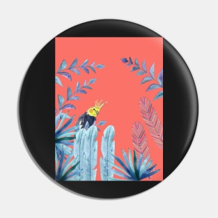 Cockatiel with tropical foliage and coral pink background Pin