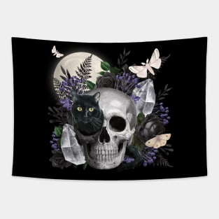 GOTHIC SKULL & BLACK CAT FULL MOON PEEK A BOO MAGIC Tapestry