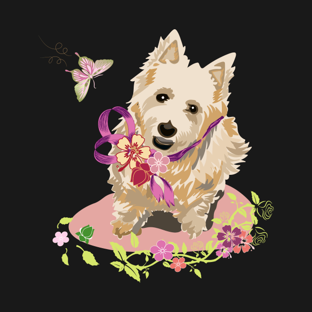 Terrier Dog with Flowers Butterflies by LizzyizzyDesign