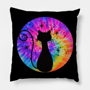 Tie Dye Black Cat: Rainbow Pink Trippy Hippie, Boho Psychedelic, Retro Vintage Sunset Vibe Pillow