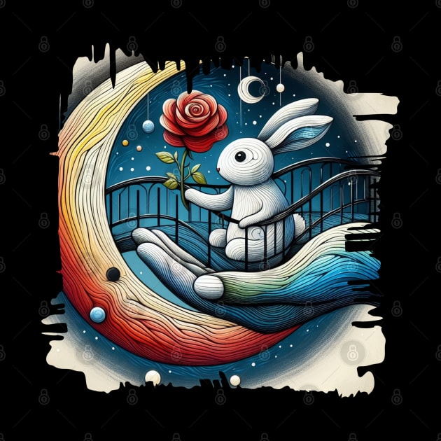 Illustration of a Rabbit stands on a bridge and gives a rose to the moon. by zinfulljourney