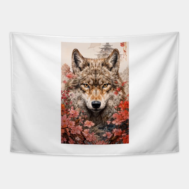 Red Flowers Wolf Tapestry by berubettoart