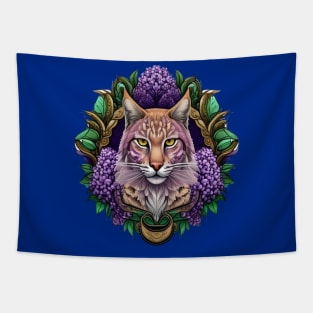 Bobcat Surrounded By Purple Lilac Blossom New Hampshire State Tattoo Art Tapestry