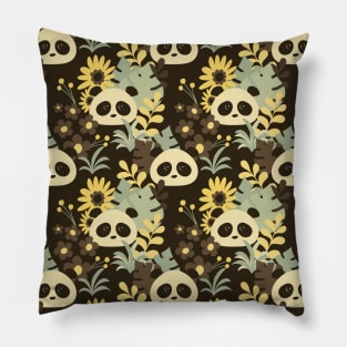 Boho Floral Pandas on Brown - 1000Pandas by Amanda Roos Pillow