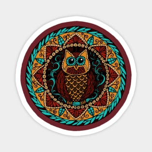 Owl Magic Mandala Turquoise Red and Gold Magnet