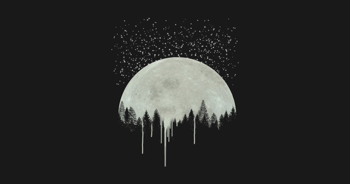 Full Moon Art Forest Trees Silhouette Dripping Paint 