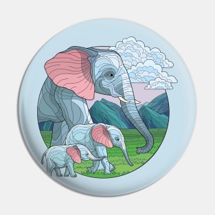 Serenity of the Savanna: Stained Glass Style Circle Design T-Shirt with Elephant and Calves Pin