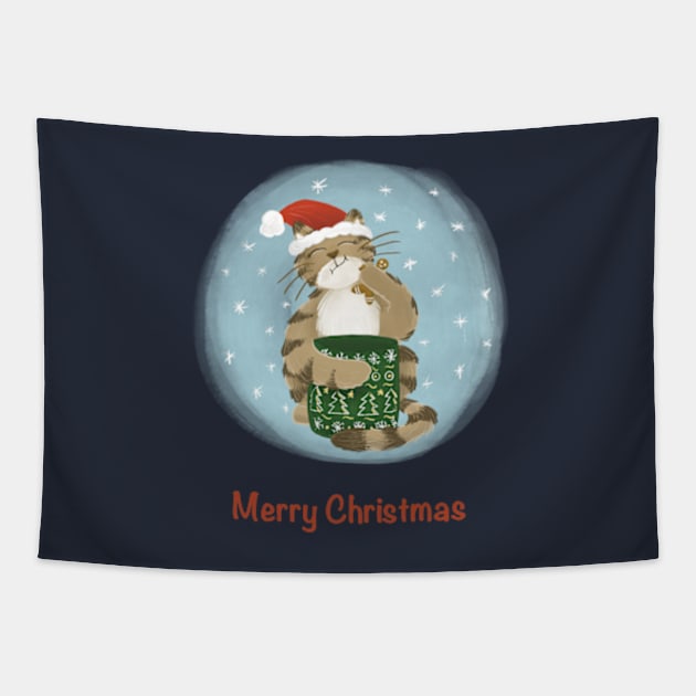 Merry Christmas cat eating gingerbread cookies Tapestry by AbbyCatAtelier