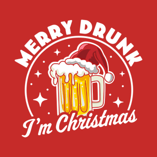 Merry Drunk I'm Christmas Funny Beer Drinker Santa Hat T-Shirt