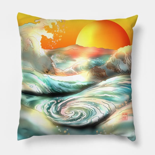 Sunset at Awa Prefecture whirlpool rapids in Japan Pillow by cuisinecat