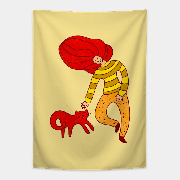 Cool girl with red hair and red cat walking, version 1 Tapestry by iulistration