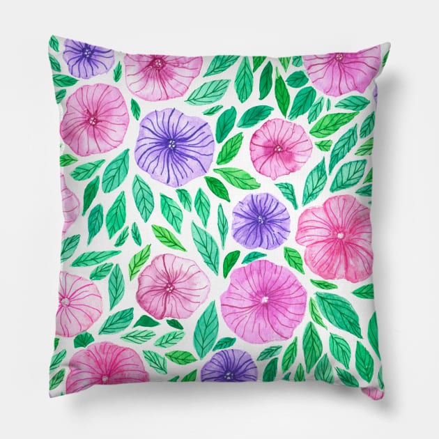 Watercolor petunia garden Pillow by katerinamk