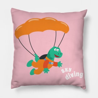 cartoon illustration of skydiving with litlle dinosaur Pillow