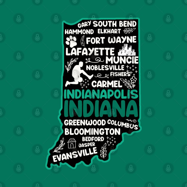 Indianapolis Indiana cute map, Fort Wayne, Evansville, Carmel, South Bend, Fishers, Bloomington, Hammond, Gary, Lafayette by BoogieCreates