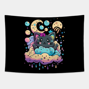 Cute Black Cat, night sky Tapestry