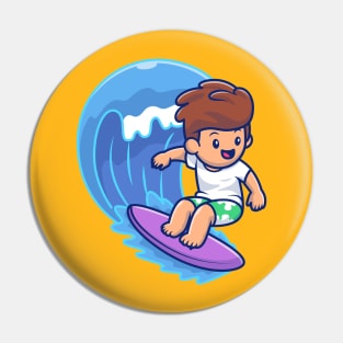 Cute Boy Surfing On Wave Pin