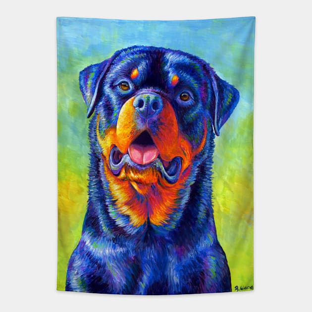 Gentle Guardian Colorful Rainbow Rottweiler Dog Tapestry by rebeccawangart