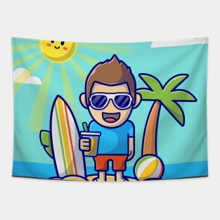 Cute Boy On the Beach In Summer Day Tapestry