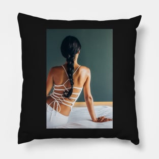 Beautiful Elegant Young Woman Sitting on Bed From Behind Pillow