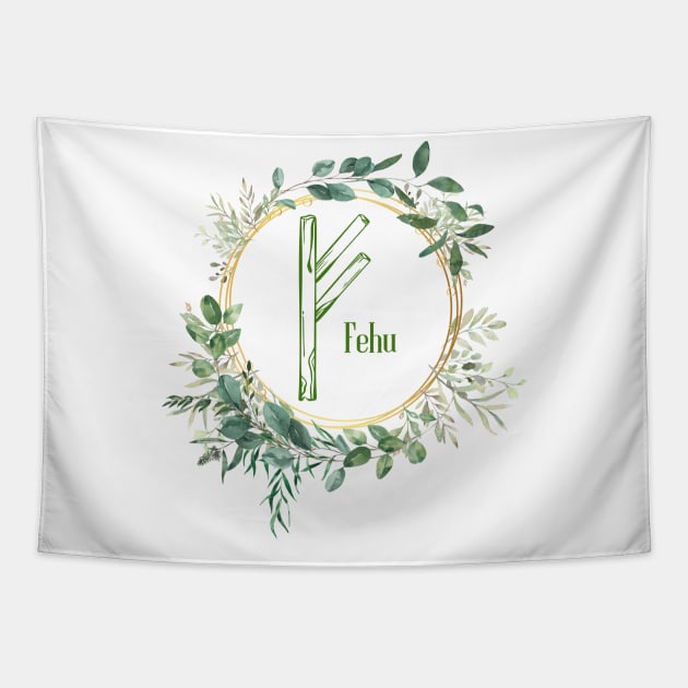 Fehu Rune Nordic Futhark Flower Wreath Runic Tapestry by Witchy Ways