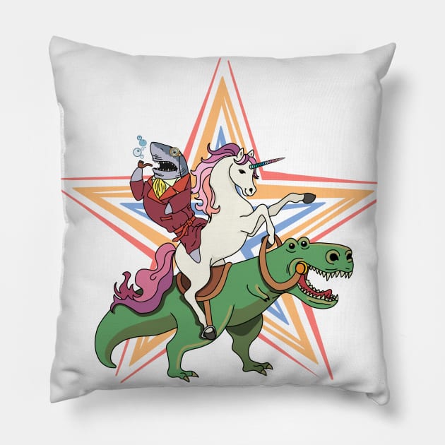 Unicorn and Shark Riding T-Rex Party Dinosaur Pillow by KimLeex