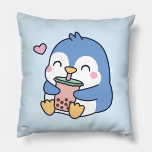 Cute Little Penguin Loves Boba Tea Pillow